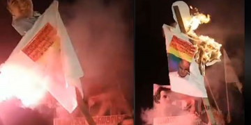 „ქართული მარშის“ წევრებმა ნიკა მელიასა და მიხეილ სააკაშვილის ფოტოები დაწვეს – აქცია გლდანში