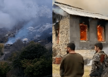 ყარაბაღის დატოვებამდე მოსახლეობის ნაწილი სახლებს და მაღაზიებს წვავს