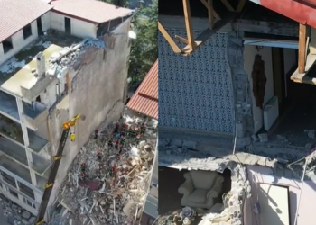 დრონის კადრები ბათუმიდან, სადაც საცხოვრებელი კორპუსი ჩამოინგრა