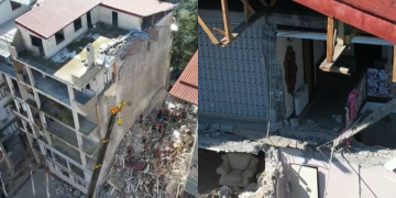 დრონის კადრები ბათუმიდან, სადაც საცხოვრებელი კორპუსი ჩამოინგრა