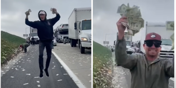 აშშ-ში ავტომობილიდან ფულით სავსე ტომარა გადავარდა, რამაც ავტომაგისტრალზე ქაოსი გამოიწვია (VIDEO)